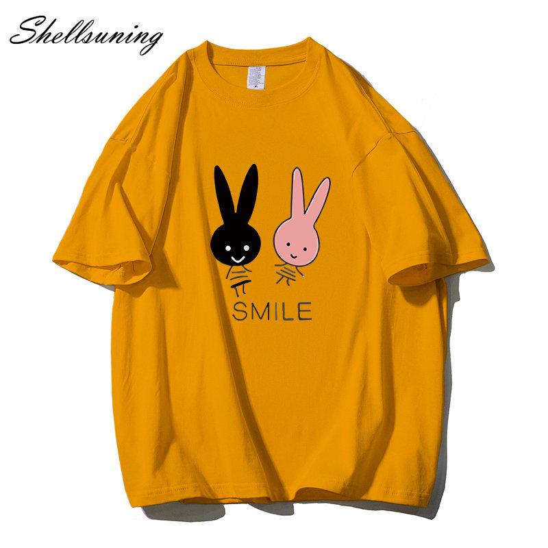 Shellsuning Cute Bunny Graphic Printed T Shirts Women Summer Casual Loose O Neck Short Sleeve Tees Female Trendy 100% Cotton Tops Lady