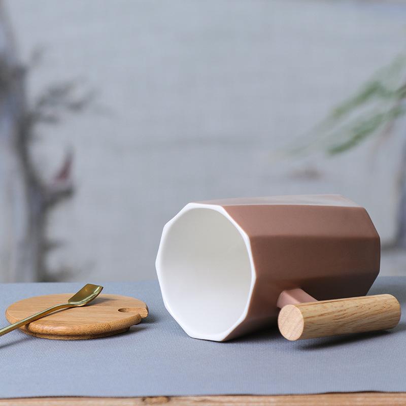 Nordic Wooden Handle Ceramic Mug Office Cup Creative Holiday Event Gift