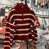 Half Zipper Lapel Striped Sweater Women's Autumn and Winter Wear Thin Loose College Style Color Matching Short Pullover Knitted Sweater