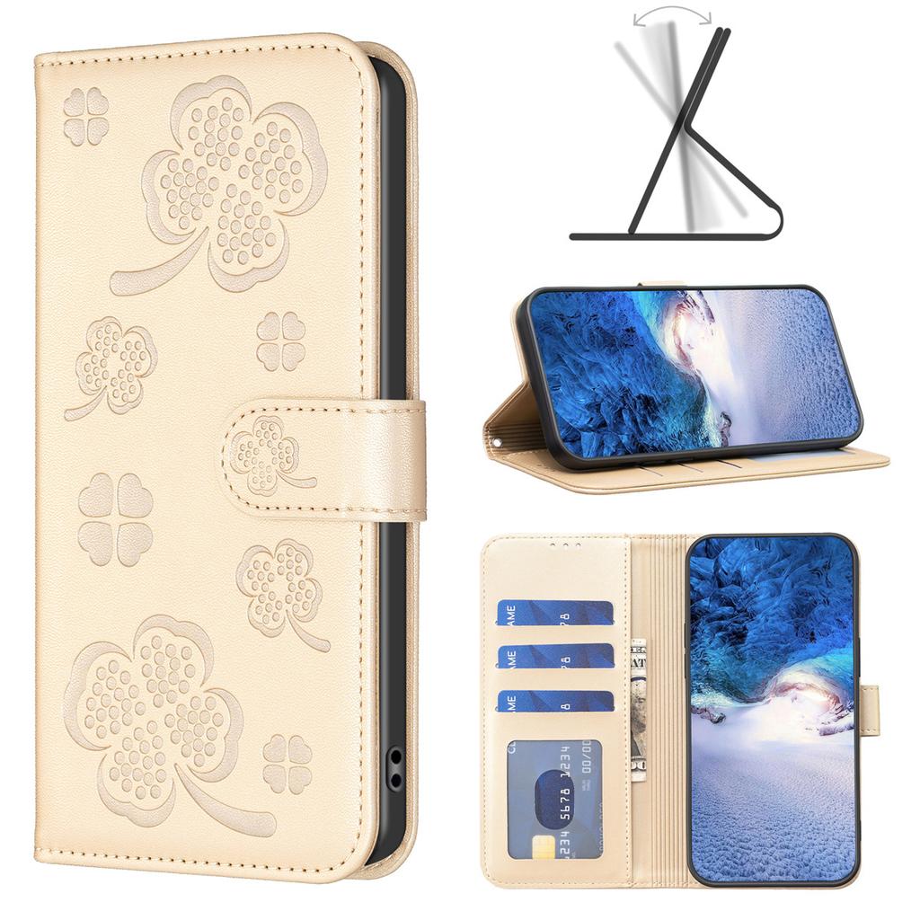 For Oppo A38,A18,A58,A98,A78,Realme C55,C53,C33,Find X6,A57 4G...Lucky Grass Four Leaf Clover Pattern PU Leather Flip Stand Wallet Phone Case Cover