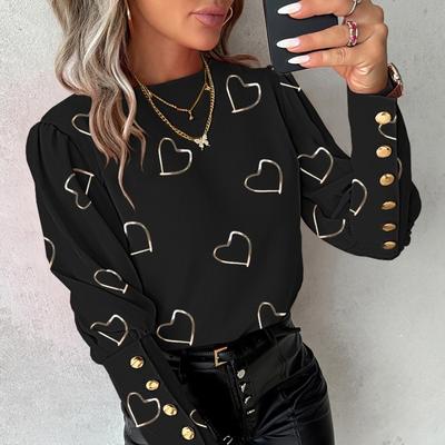 Женские весенние рубашки с принтом сердечек, круглым вырезом, длинными рукавами, свободные блузки, модные повседневные, на пуговицах, элегантные офисные женские топы