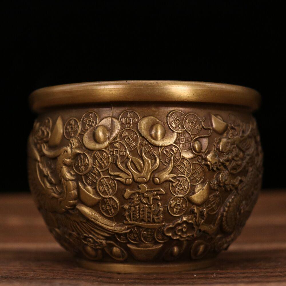 3,7" Коллекция Китай Бронза Животное Дракон Феникс Юаньбао Денежная Чаша Сокровищ Статуэтка