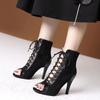 Sandals Hollow Mesh Heels Women's Shoes Summer Black Lace-Up Sexy Peep Toe Boots Stilettos Jazz Dance Female Shoes