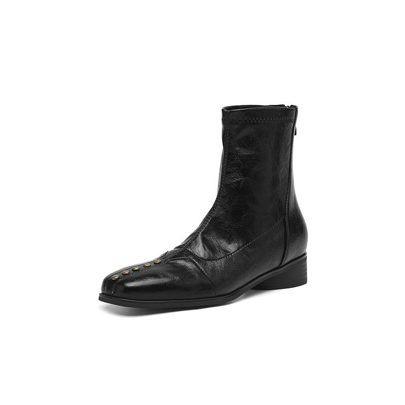 Krazing Pot Зимние ботильоны из микрофибры с квадратным носком, современный размер 33, размер 43, металлические заклепки, средний каблук, на молнии, женские ботильоны