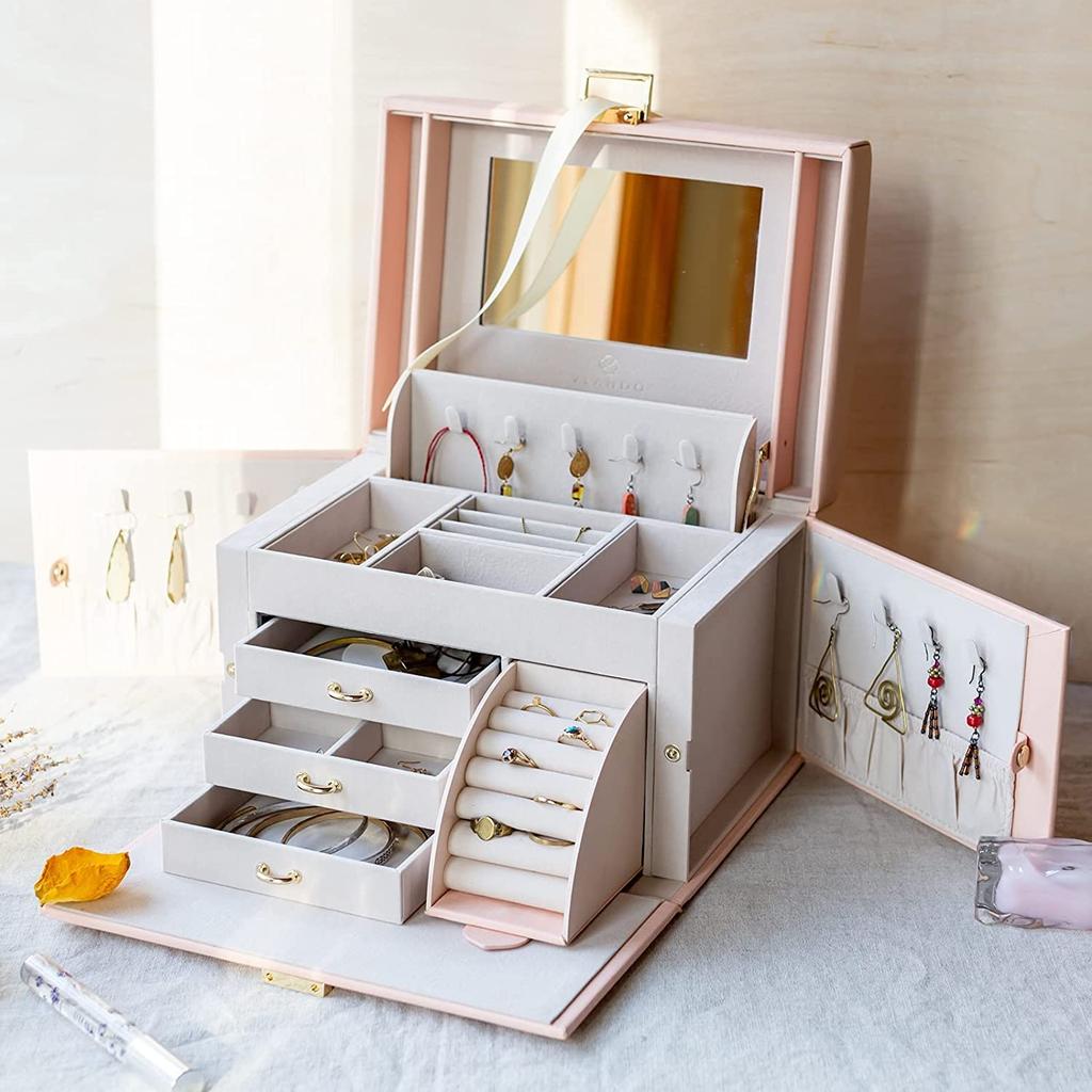Vlando Шкатулка для украшений, кейс для хранения аксессуаров, большая вместимость, роскошная шкатулка для украшений, подарок, косметичка с зеркалом для серег, ожерелий, колец, аксессуаров, кольцо