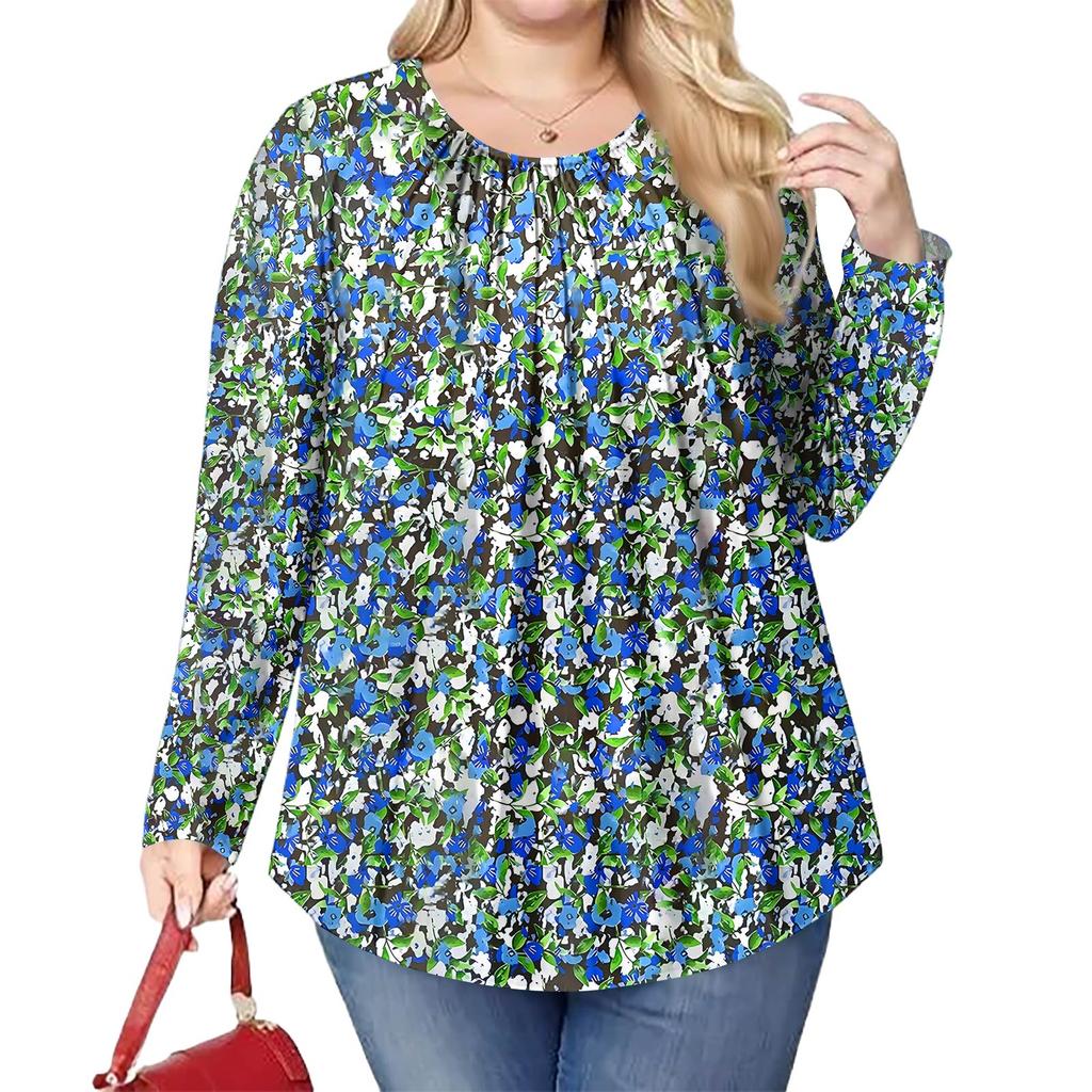 Women's Plus Size Fashion Printed Casual Pleated Round Neck Long Sleeve Top