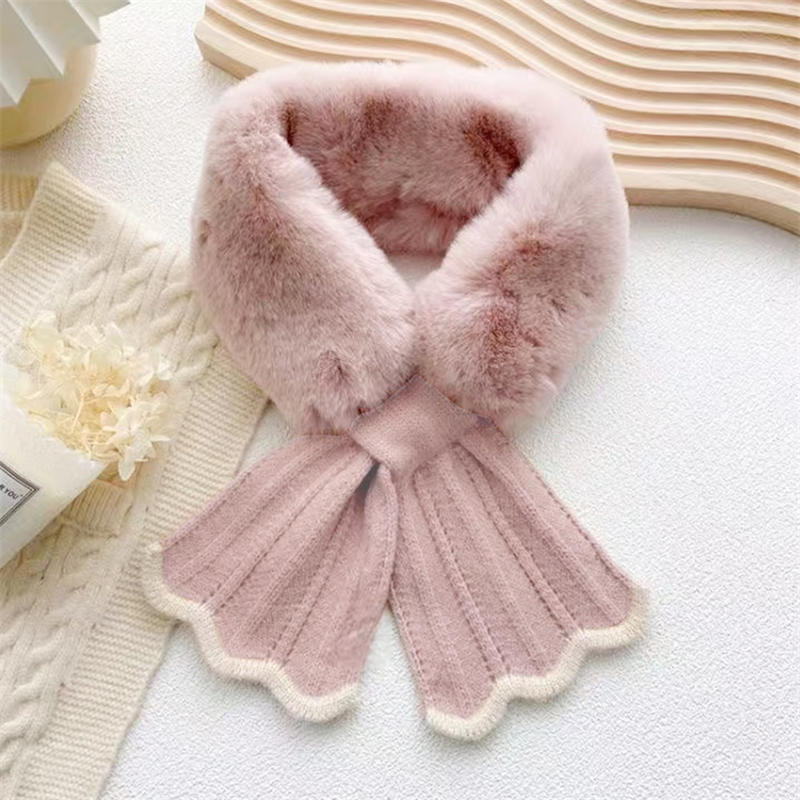 Scarves Winter Thickened Knitting Splicing Cross Colorblocking Faux Rabbit Warm Scarves