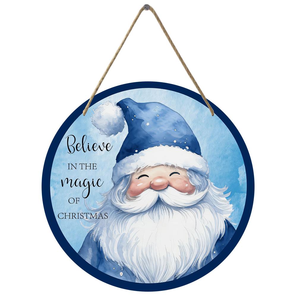Watercolor blue Santa Claus pattern Round Wooden Hanging Plaque festive wall sign door hanging ornament home indoor Christmas decoration