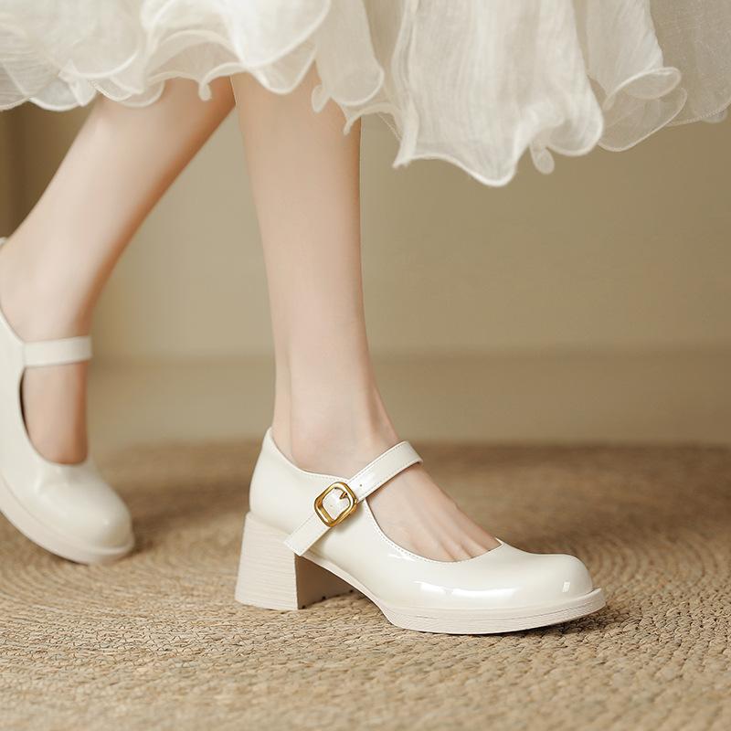 Sweet French thick heel shallow mouth Mary Jane shoes women's 2025 early spring new one-word with round head high heel single shoes versatile