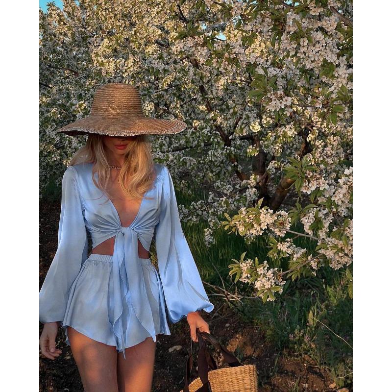 Новый женский комплект из французского топа и шорт на шнуровке с длинными рукавами