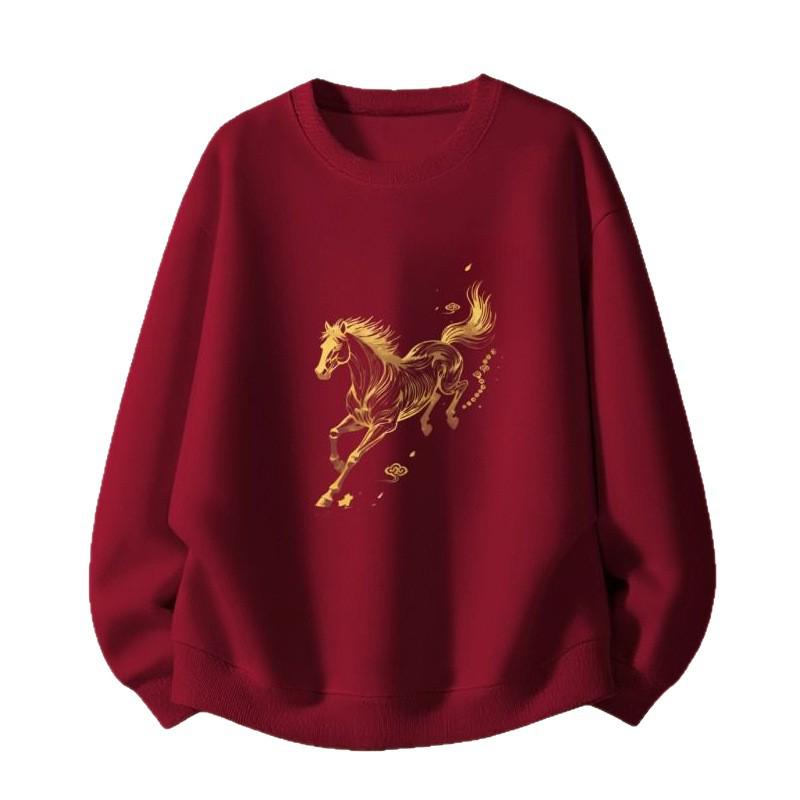 Men's Korean Style Year of the Horse Red Coral Fleece Hoodie, Thickened, Loose Fit, Pure Cotton, Round Neck, Autumn/Winter