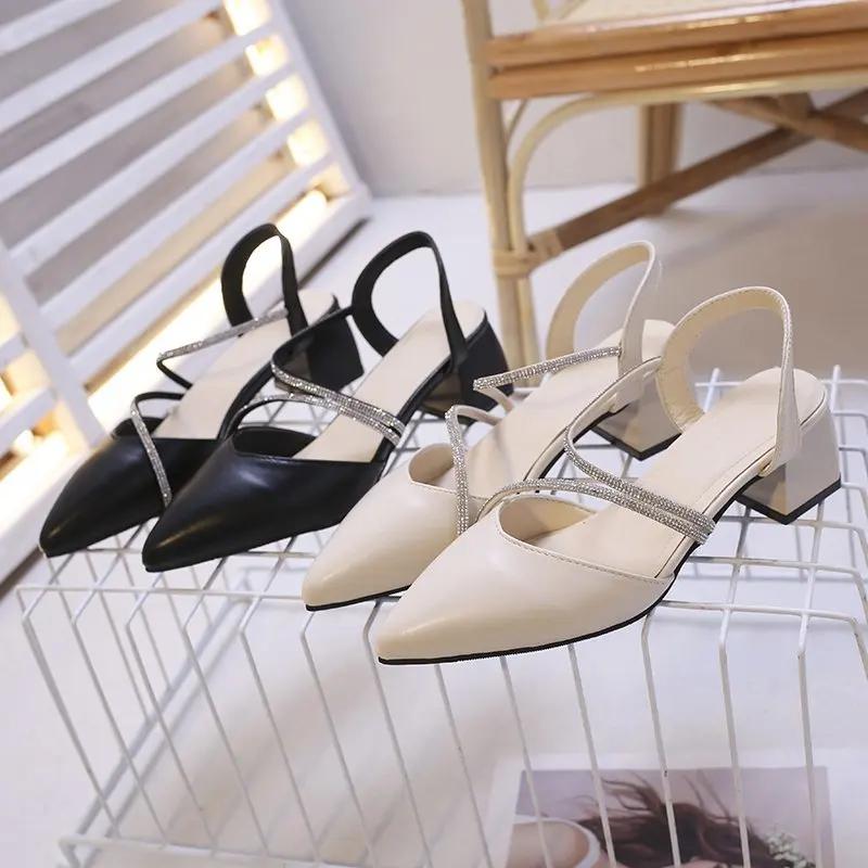 Sandals for Women Medium Block Heels Sandal Woman Party Sexy Chunky Genuine Leather Rhinestone Summer New Luxury Designer