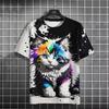 2025 Summer New Men's Cartoon Cute Cat Pattern 3D Printed Short Sleeved Round Neck Casual Quick Drying Neutral