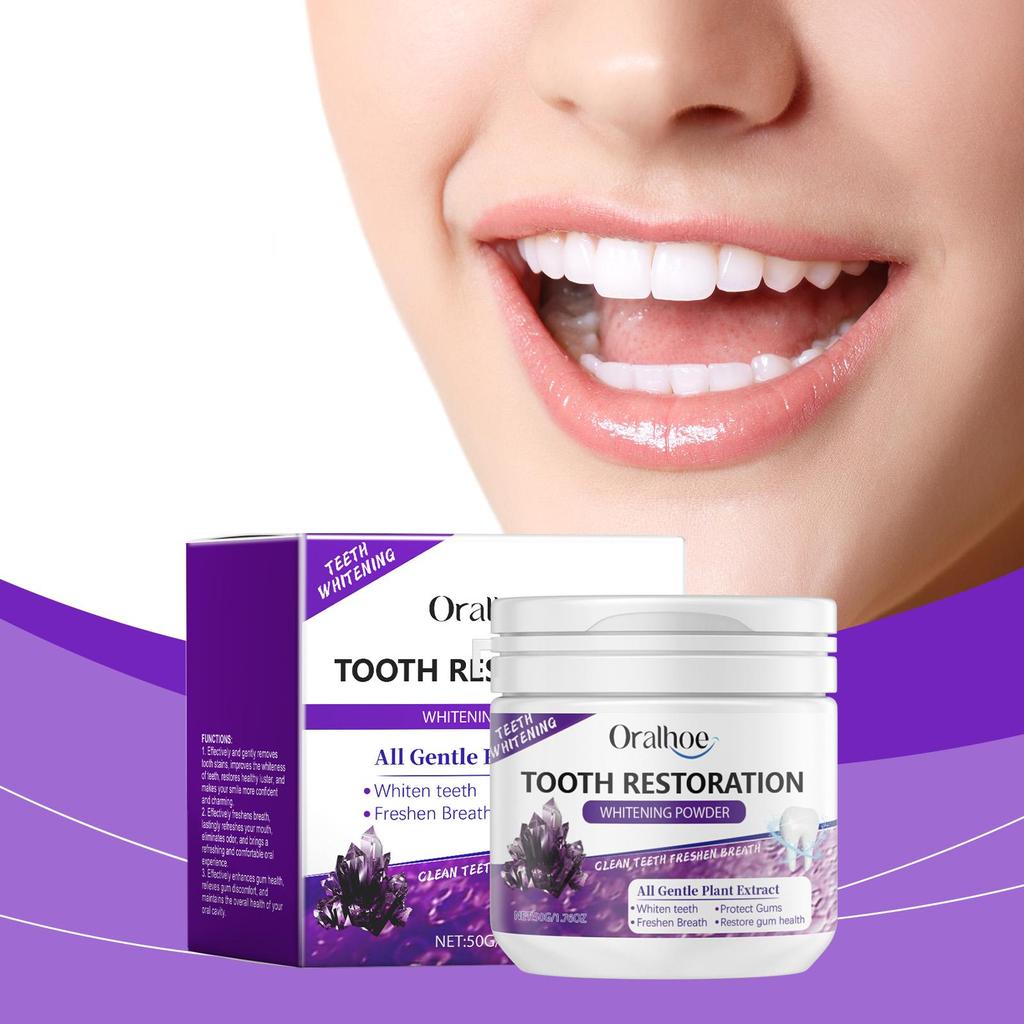 Oralhoe 50g Teeth Whitening Powder Purple Brighten Mint Scent Fresh Breath Remove Stain Oral Hygiene Clean Bleach Teeth Powder