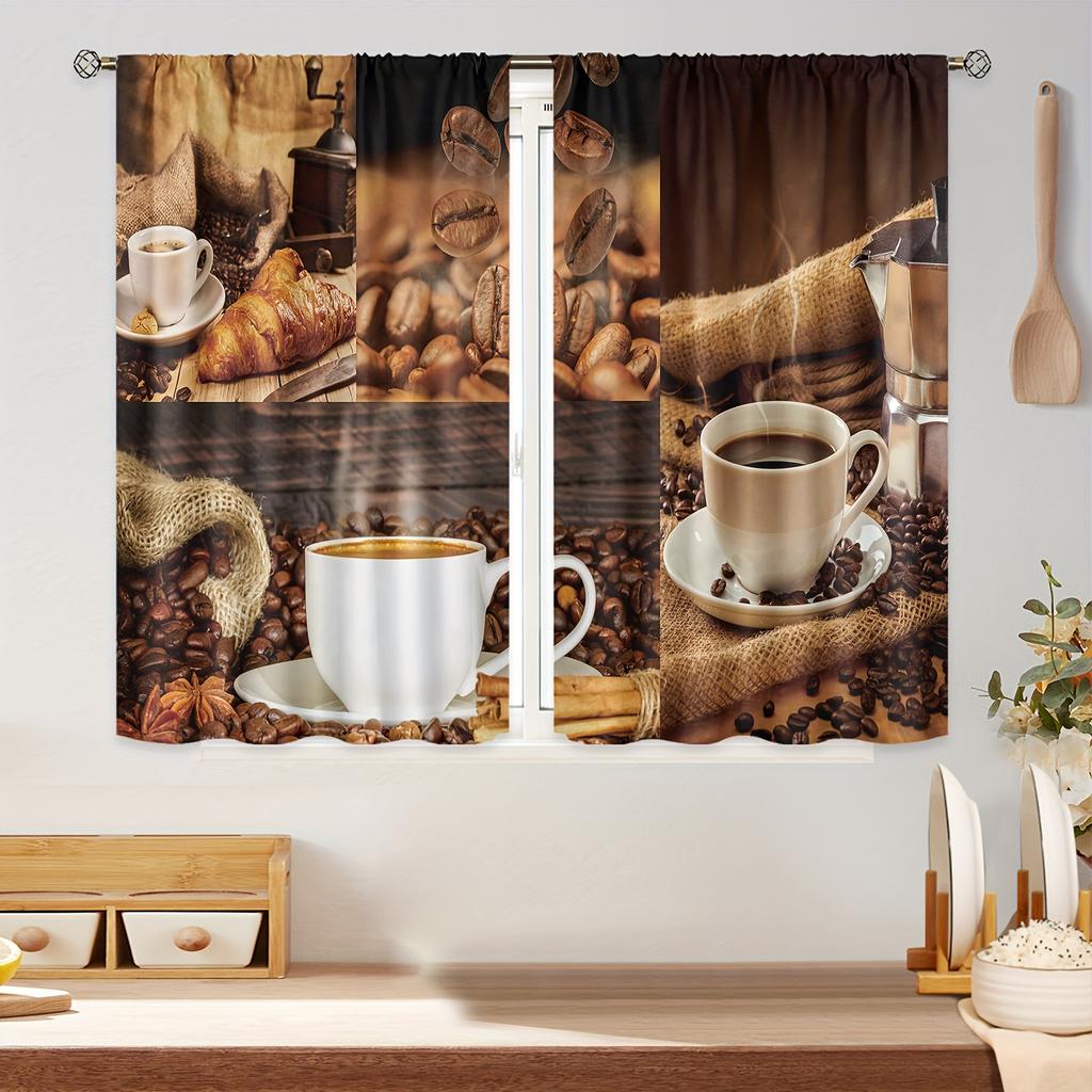 2Panel Кухонные Шторы Кофейная Ложка Растительный Принт Шторы для Окна Кухни Короткие Шторы Карманные Шторы для Кухни