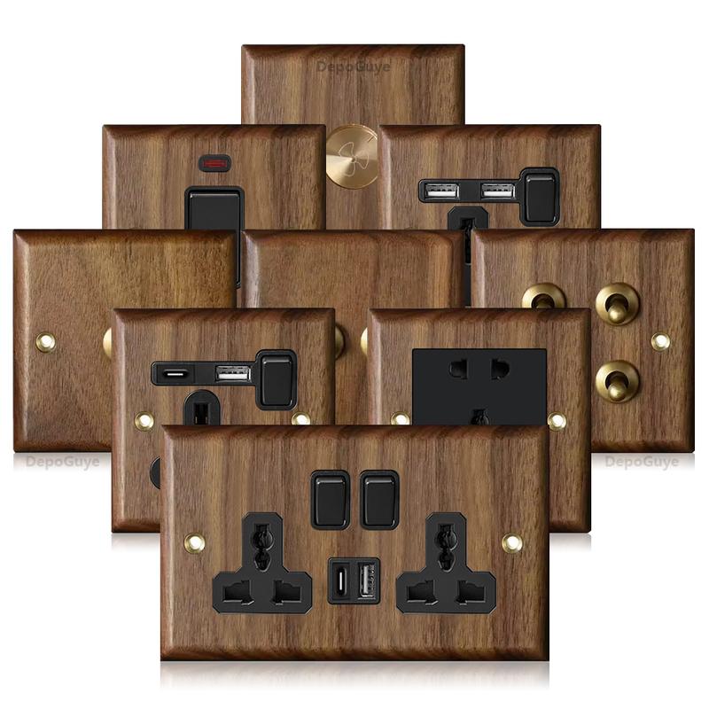 High Quality Retro Europe Type Vintage Wall Light Switch Socket, Solid Wood Brass Toggle Switch Plate, Antique Home Stay Switch