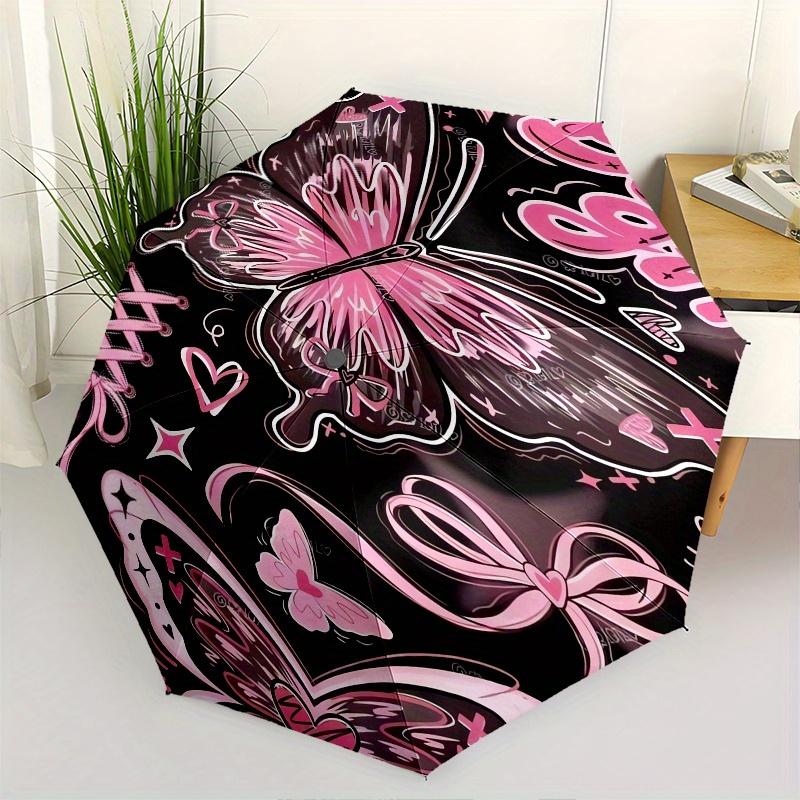 Butterfly, pink, Y2K Automatic folding umbrella simple eight rib design, bright color pattern, durable iron frame, ideal for travel and out