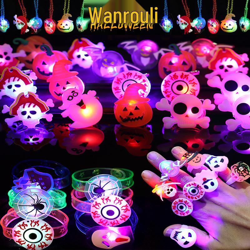 Glowing Christmas Necklace and Halloween Brooch Set with Flashing Watch and Ring