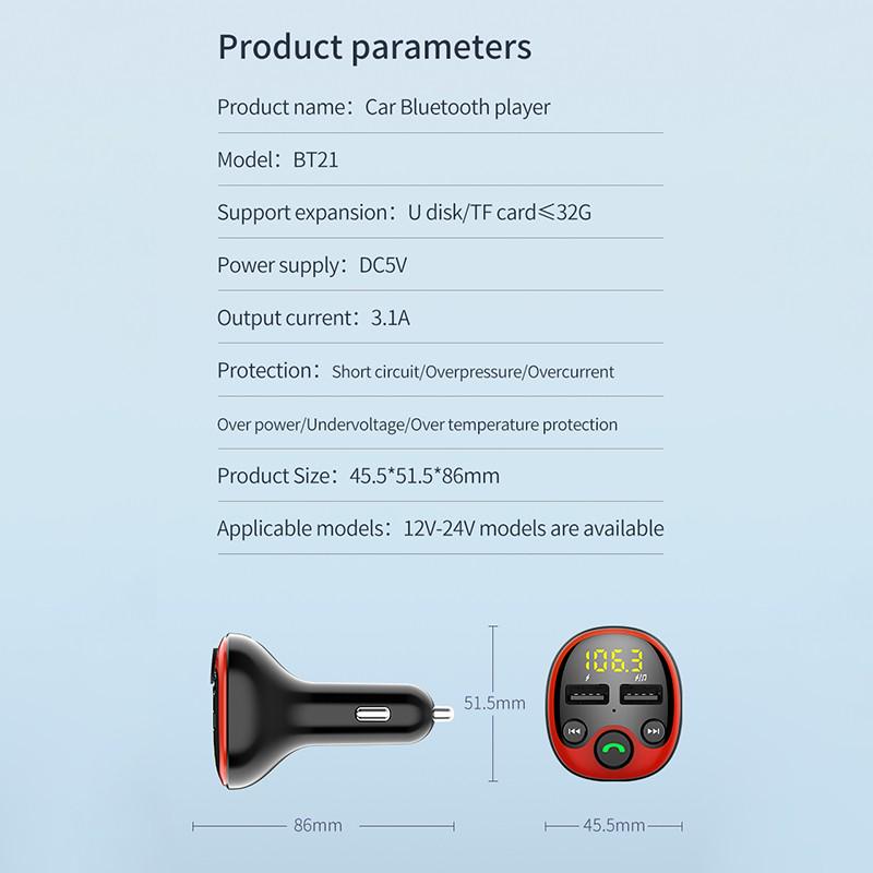 Автомобильный комплект Bluetooth5.0 Беспроводной FM-передатчик Автомобильное зарядное устройство с двумя USB-портами MP3-плеер Радиоадаптер Поддержка громкой связи TF-карта Вход для флэш-накопителя USB