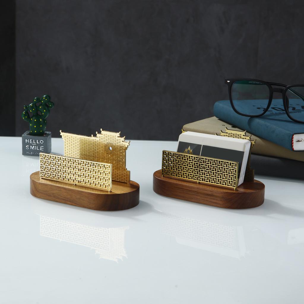 Wooden Business Card Holder Metal Organizer Office Desk Display Stand Memo Counter Accessories Tabletop Card Holder Storage