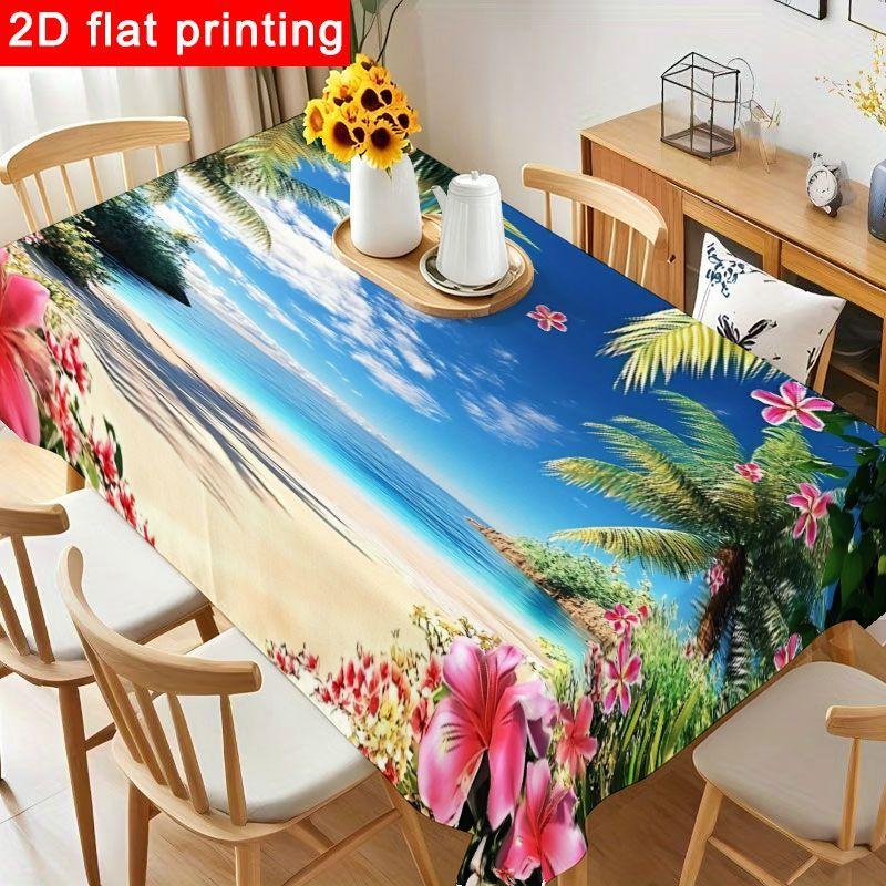 1pc Tropical Paradise Tablecloth - Stunning Table Cover with Pink Plumeria & Palm Tree Design, Reusable & Easy to Clean for Beach Party Decorations, B