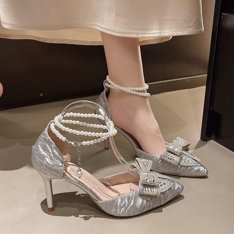 Модный темперамент Высокие каблуки Женские Летние Новые Острый носок Неглубокий вырез Стразы Бант Бисер Нескользящие Сандалии-стилет