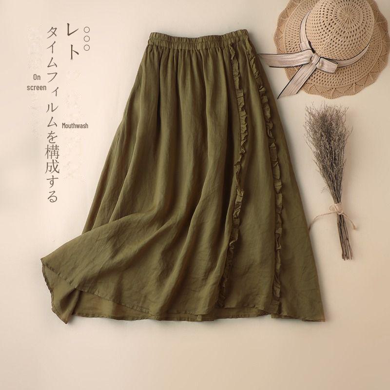Trendy Cotton-Linen High-Waisted A-Line Skirt: Mid-Length with Ruffled Edges for a Slimming, Drapey Fit.