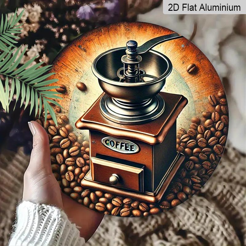 2D Плоский 1 шт., 8x8 дюймов, Винтажная Кофемолка и Кофейные Зерна Металлическое Алюминиевое Настенное Искусство, Водонепроницаемый и Пылезащитный, Многоцелевой Круглый Настенный Подвес для Дома