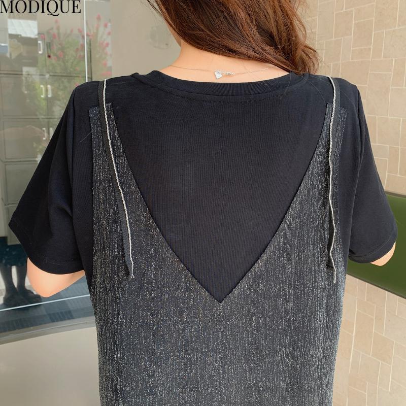 MODIQUE Лето Плюс Размер Новое Женское Свободное Элегантное Черное Золото Quicksand Fine Flash Silver Шелковое Вертикальное Длинное Платье Женские Платья С Коротким Рукавом и О-Образным Вырезом