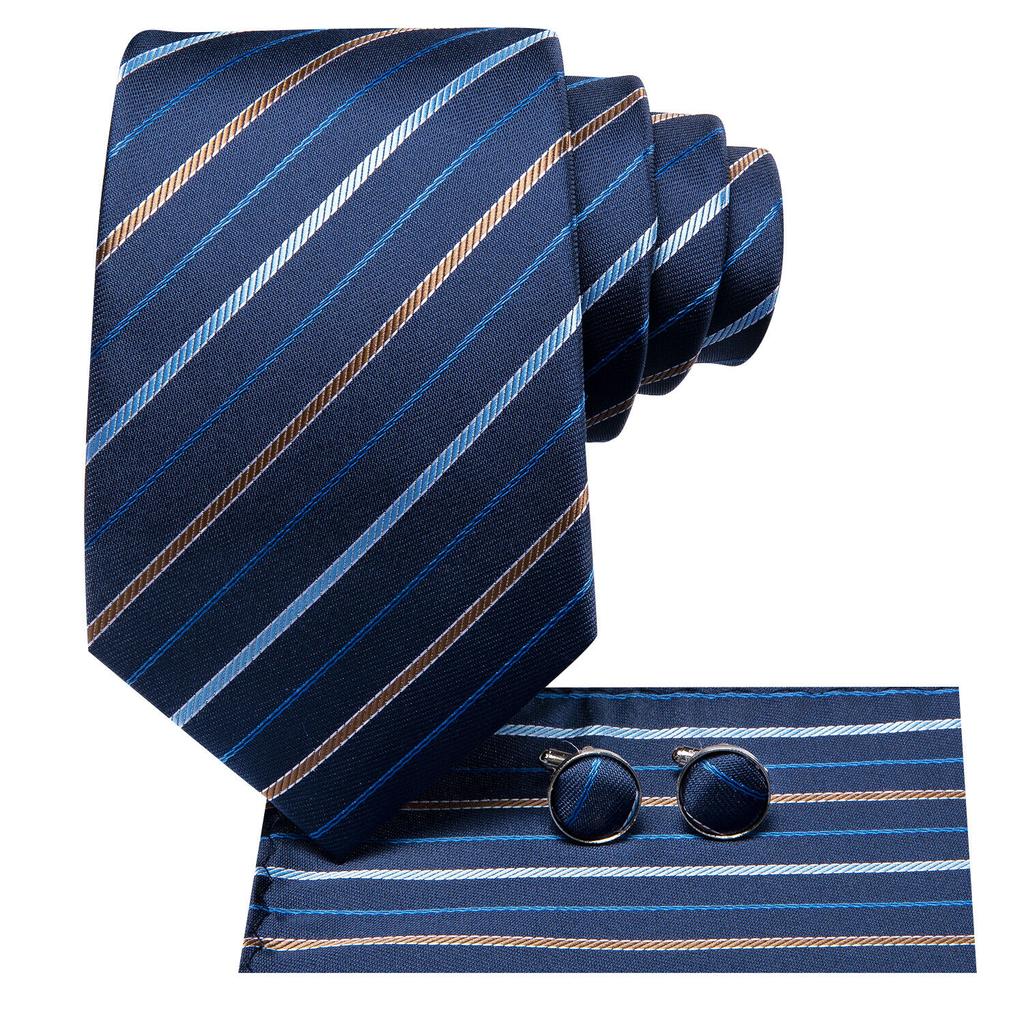 Hi-Tie Синий золотой полосатый жаккардовый мужской шелковый галстук, классический галстук, запонка, носовой платок