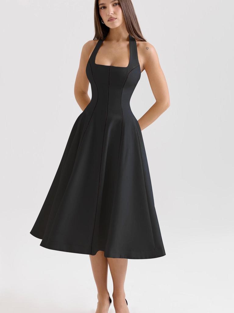 2025 Европейский и Американский Стиль Черное Платье-Халтер с Квадратным Вырезом Без Рукавов в Ретро Стиле