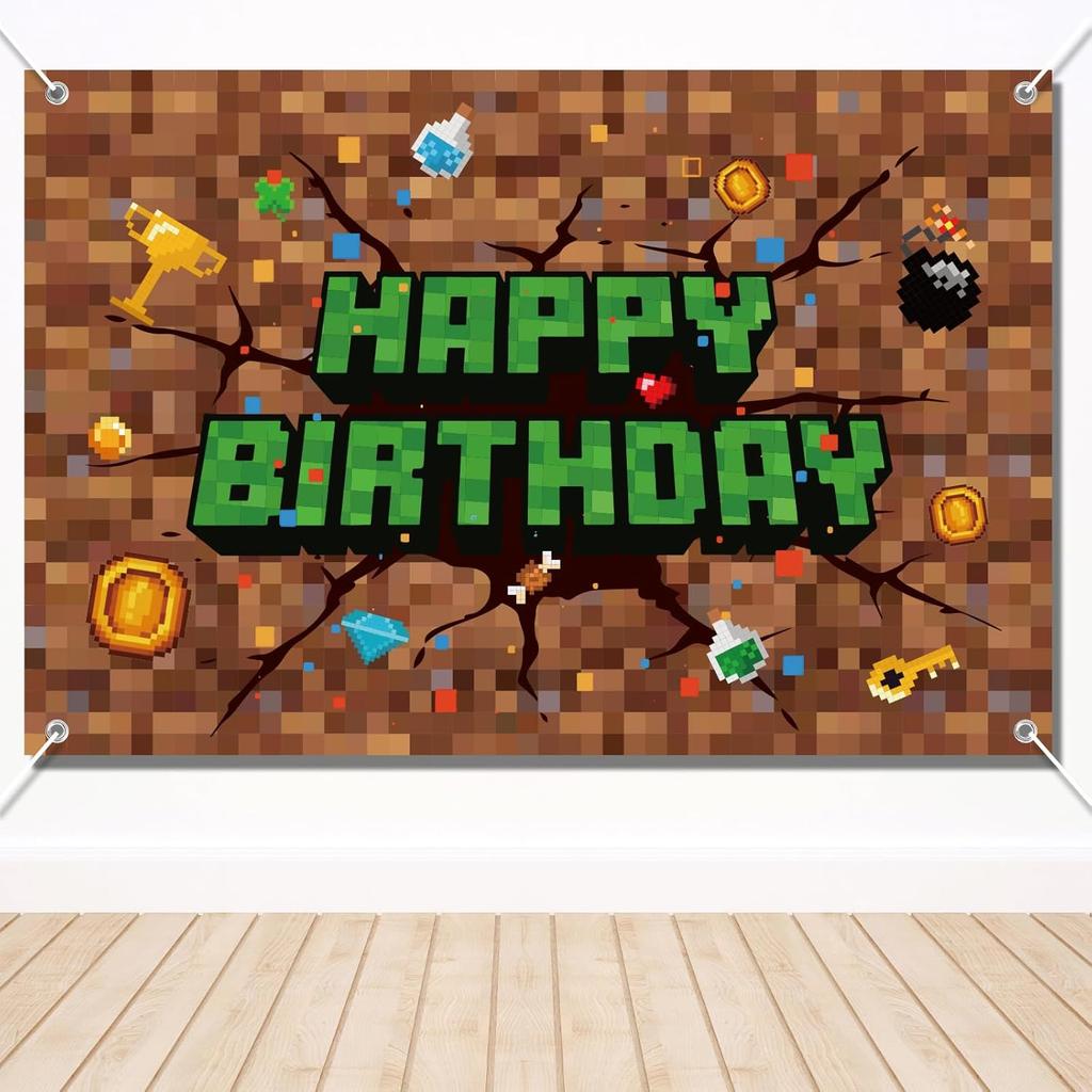 Pixel Birthday Decorations, 5x3 ft Happy Birthday Banner Backdrop for Miner TNT & Pixel Themed Celebration Kids Boys Game Party Supplies
