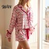 Sleep Suit 2Pcs/Set Women Christmas Satin Pajamas Set, Button Up Long Sleeve Shirt Elastic Relaxed Fit Leisure Set Waist Shorts Santa Claus