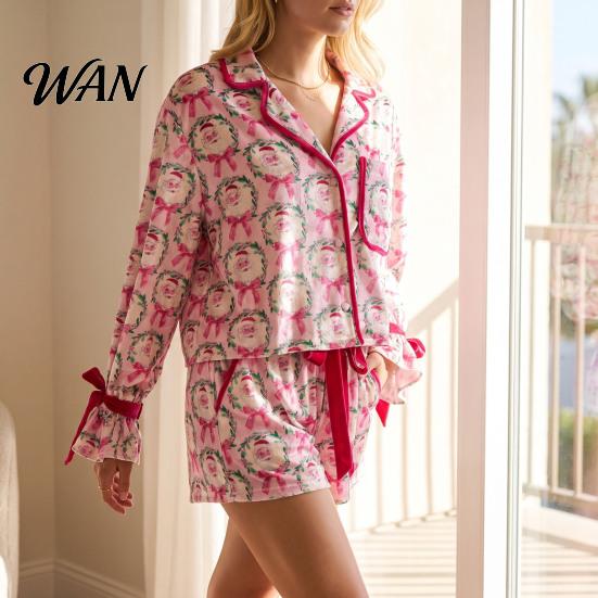 Sleep Suit 2Pcs/Set Women Christmas Satin Pajamas Set, Button Up Long Sleeve Shirt Elastic Relaxed Fit Leisure Set Waist Shorts Santa Claus