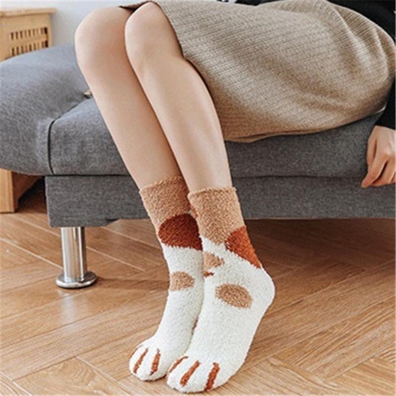 Женские носки, плюшевые, коралловые, бархатные, осенне-зимние, милые утолщенные теплые носки с кошачьей лапой