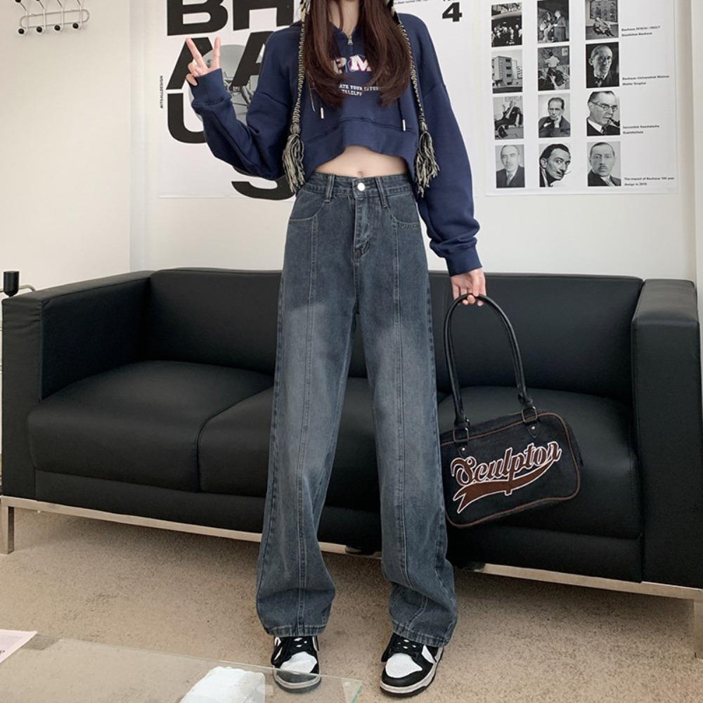 Новые осенне-зимние ретро-голубые тонкие джинсы прямого кроя женские 2025 популярные с высокой талией широкие брюки-швабры