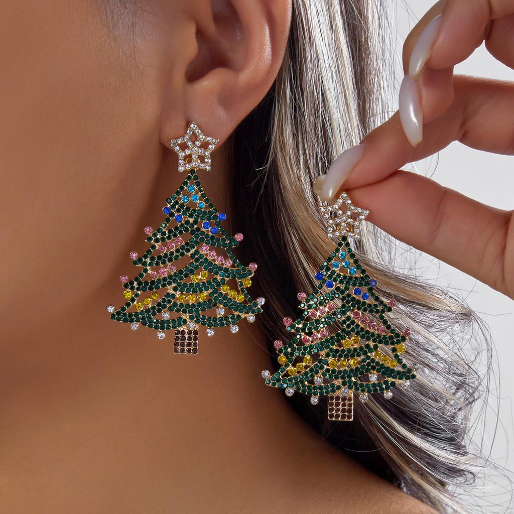 Green Glitter Christmas Tree Stud Earrings For Women Multicolor Rhinestone Imitation Pearl Xmas Tree Earring Holiday Jewelry