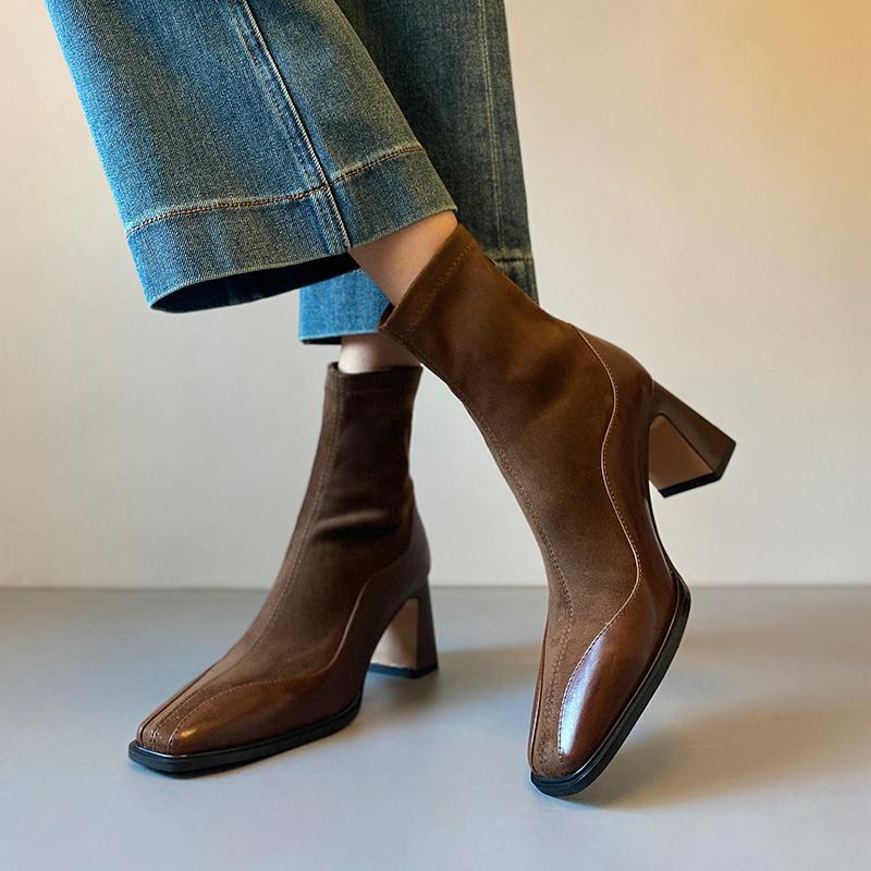 Fashion Vintage Thick Heel Square Toe Women Ankle Boots Back Zippers Autumn Winter Shoes Ladies Elegant Slimming Short Booties