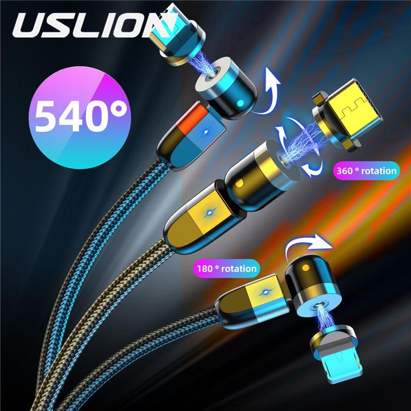 USLION Магнитный кабель Светодиодный нейлоновый кабель Micro USB Type C Зарядное устройство для Iphone USB-C Магнитный шнур Type-C