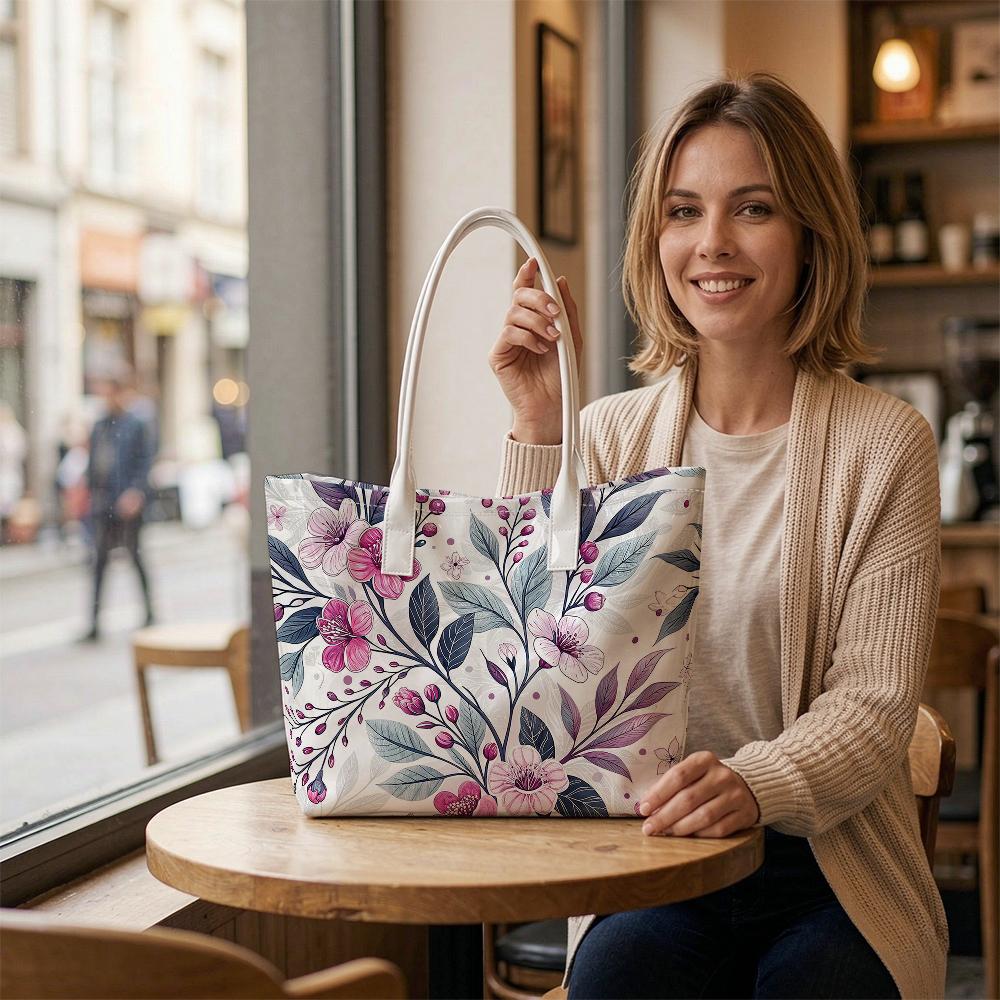 Floral Print Tote Bag Casual Daily Handbag Large Capacity Shoulder Bag for Women Lightweight Travel Shopping Carry Bag