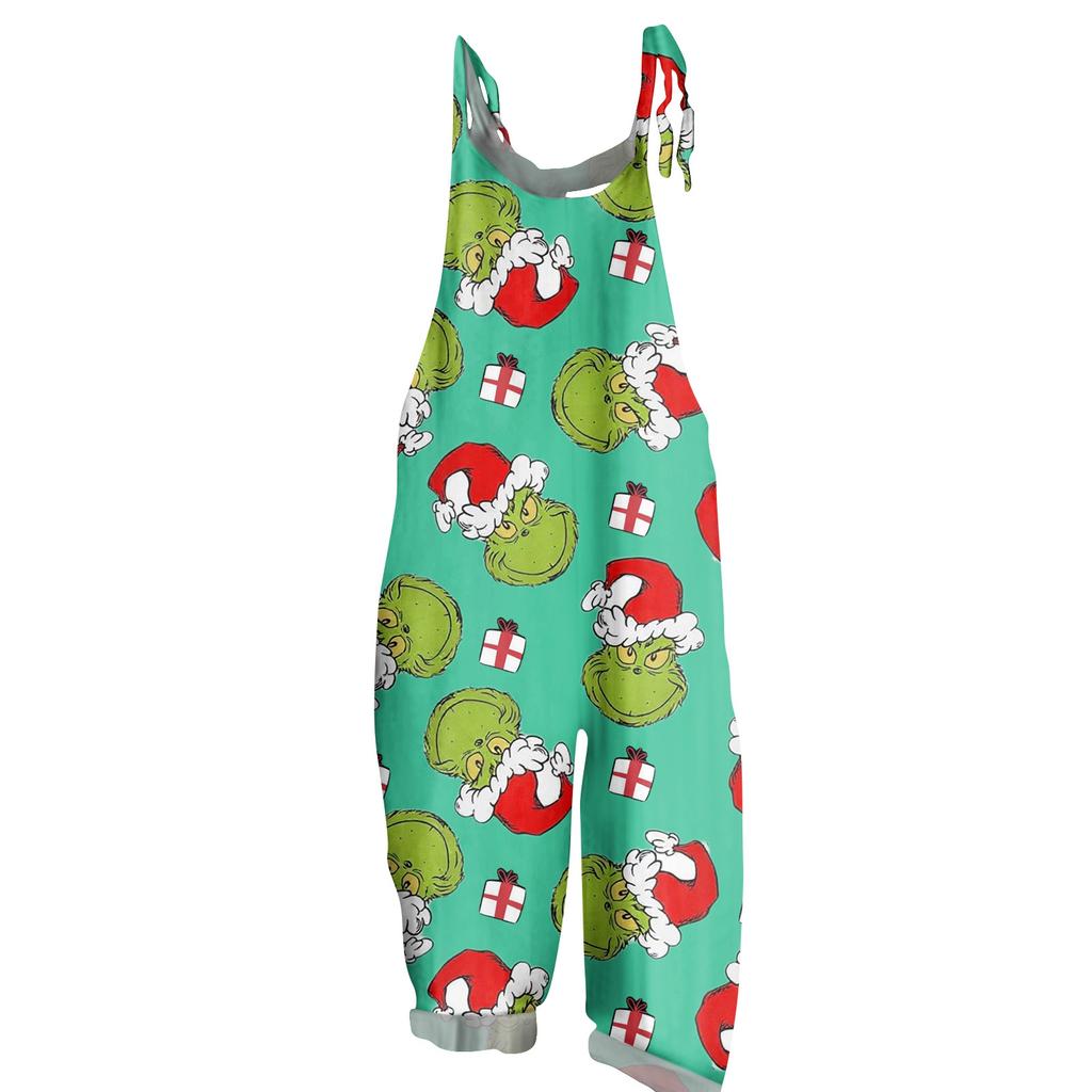 Женский повседневный свободный комбинезон с рождественским принтом, комбинезон с широкими штанинами, без рукавов, с карманами