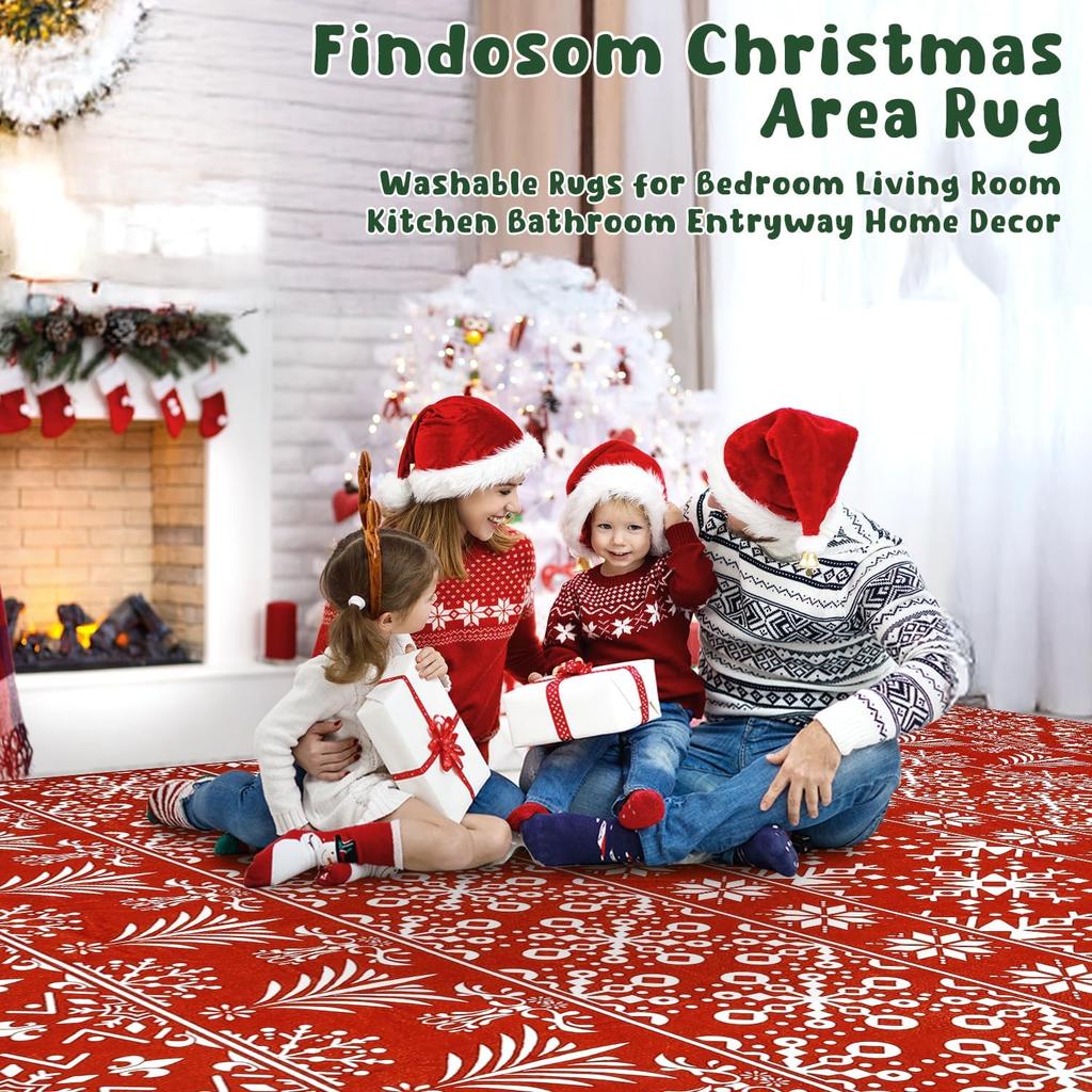 Non-Slip Soft Large Carpet with Red Snowflake, Low Pile Faux Wool Xmas Throw Rug for Living Room, Hallway, Kitchen, Entryway