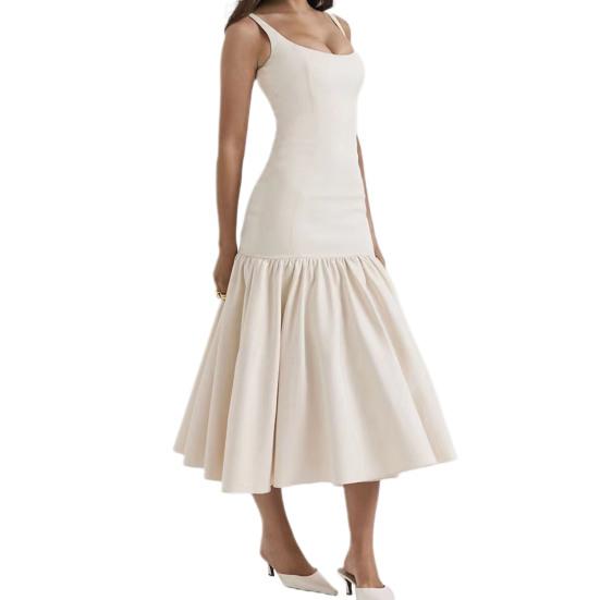 Женское вечернее платье с рюшами на подол, большие качели, облегающее платье без рукавов с открытой спиной, однотонное, с низким вырезом, плиссированное платье для выпускного вечера, длиной до середины икры, миди-платье