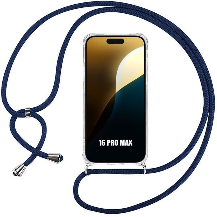 Lanyard Case for iPhone 16 Pro Max Transparent Reinforced Protection Anti-Scratch with Navy Blue Lanyard