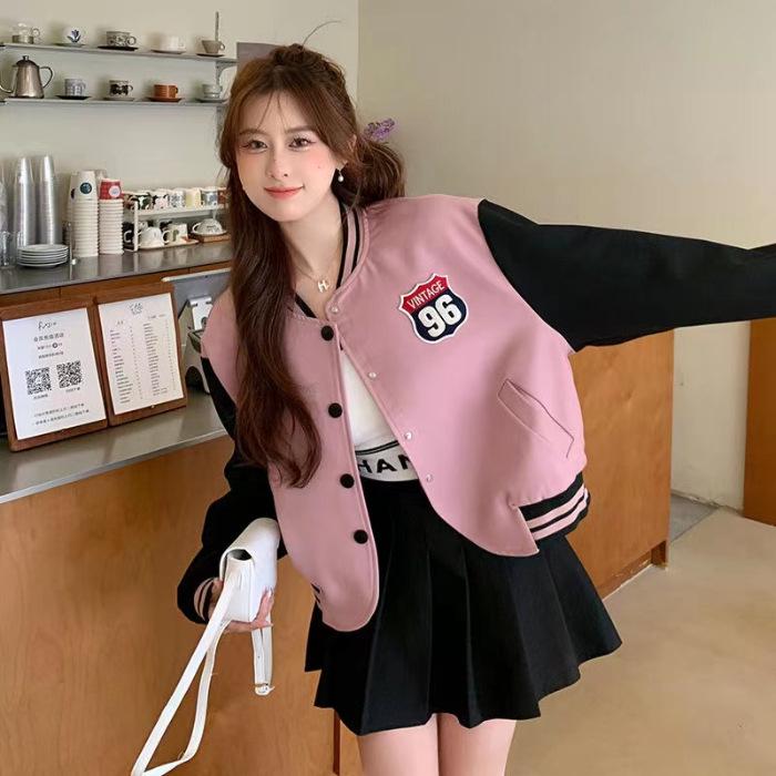 Women's Petite Color Block Baseball Jacket - 2025 Fall/Winter American College Style