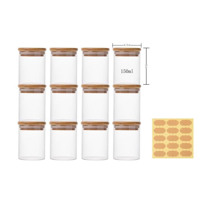 12x150ml Verre à Haute Teneur en Borosilicate Cylindre Récipient de Stockage de Épices, Cafe en Grain