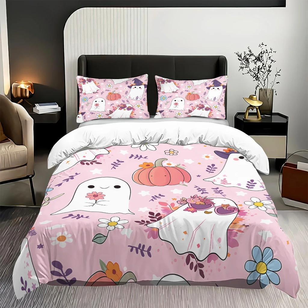 Pink Ghost Pattern Duvet Cover Set 3pcs Halloween 1 Duvet Cover+2 Pillowcases No Core. Soft and Comfortable Bedding Set