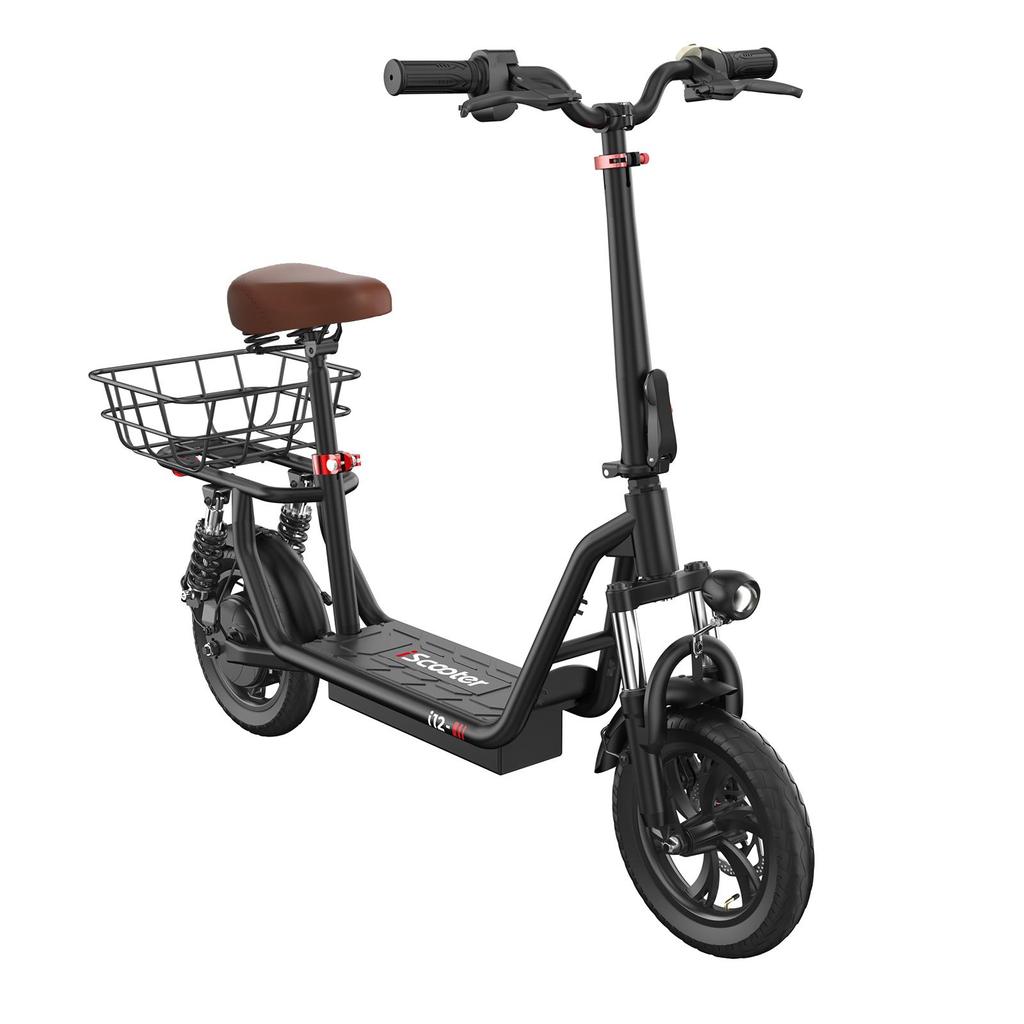 iScooter I12 Folding Electric Scooter with 12" Large Wheel, Rear Basket, Seat, 500W Motor, 36V7.5Ah Battery, LED Display, Disc Brakes