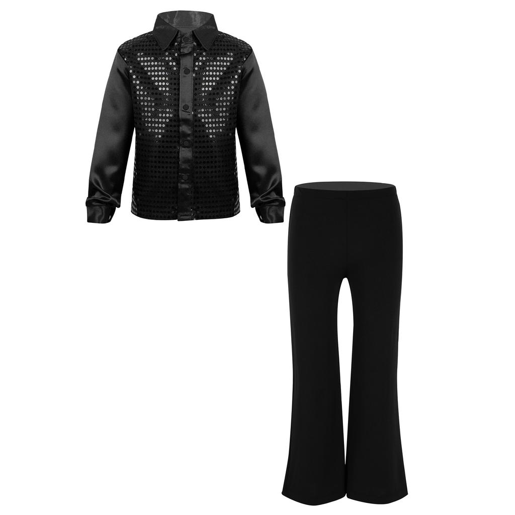 Мальчики Блестящие Пайетки Длинный Рукав Застегивающаяся на Пуговицы Рубашка Джаз Танцы Сценический Костюм Подходящие Брюки