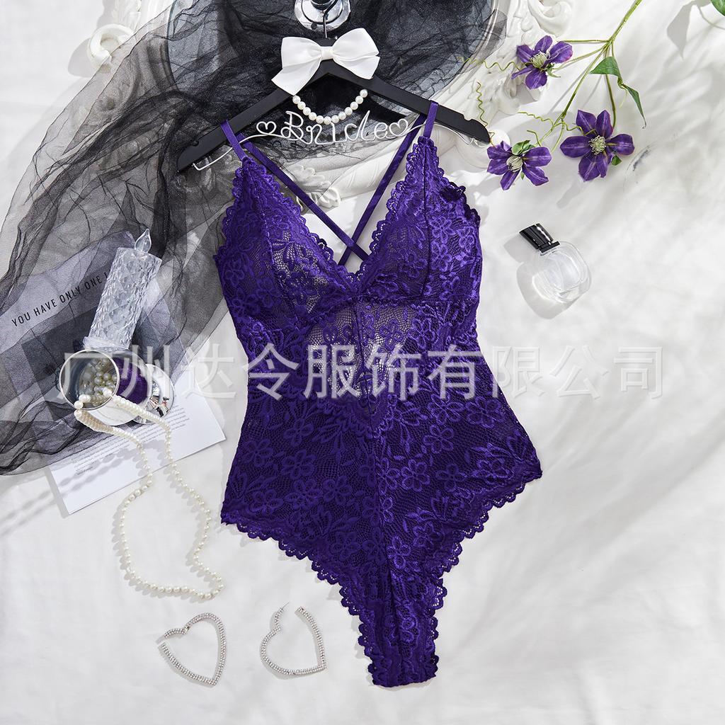 New underwear women's solid color V-neck lace splicing sex onesie